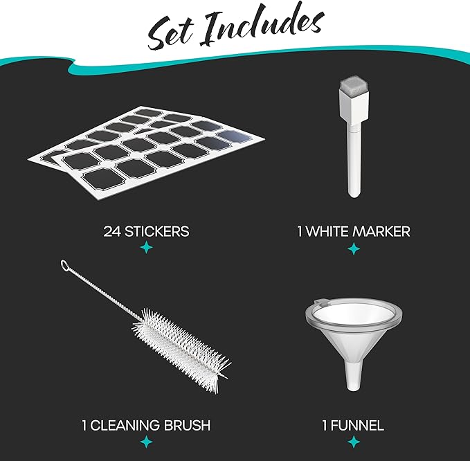 Nevlers 4 Oz Amber Spray Bottles 24 Pack | 118 mL Amber Glass Bottle Sprayer Set w/Funnel, Brush, Labels & Marker | Mist Bottle For Use as Travel Liquid Bottles for Fragrances, Essential Oils & More