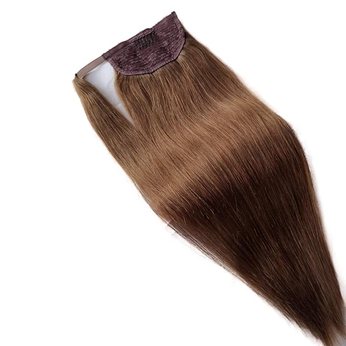 Ponytail Hair Extensions Remy Hair Ponytail Extension Clip in Hair Extensions Wrap Around Ponytail Hair Extensions Ash Brown Human Hair 16 inch Ponytail Natural Hair Extensions Straight for Women 80G