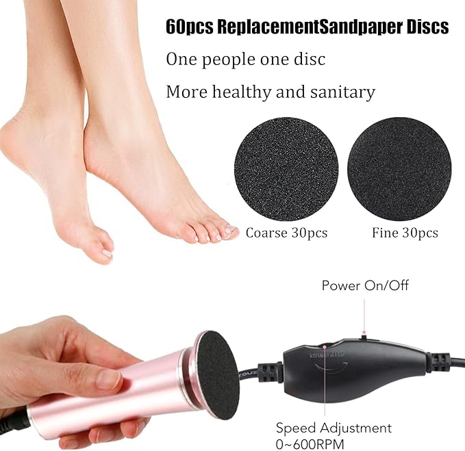 Electric Foot File Callus Remover Professional Foot Sander Grinder Scrubber Foot File Pedicure Tools Adjustable Speed 60 Replacement Sandpaper disc Easy to Remove Cutin Dead Skin calluses-Rose Gold