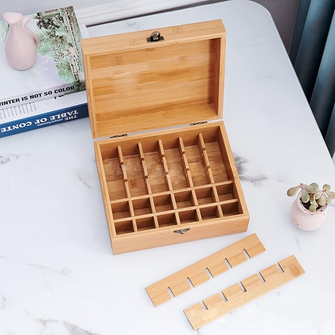 Pure Vie Bamboo Essential Oil Storage Box Travel Organizer Case with Bottle Cap Label - Aromatherapy Nail Polish Fragrance Container, Holds 30 Bottle for 5-15ml - Keep Scented Oil Safe & Space Saver