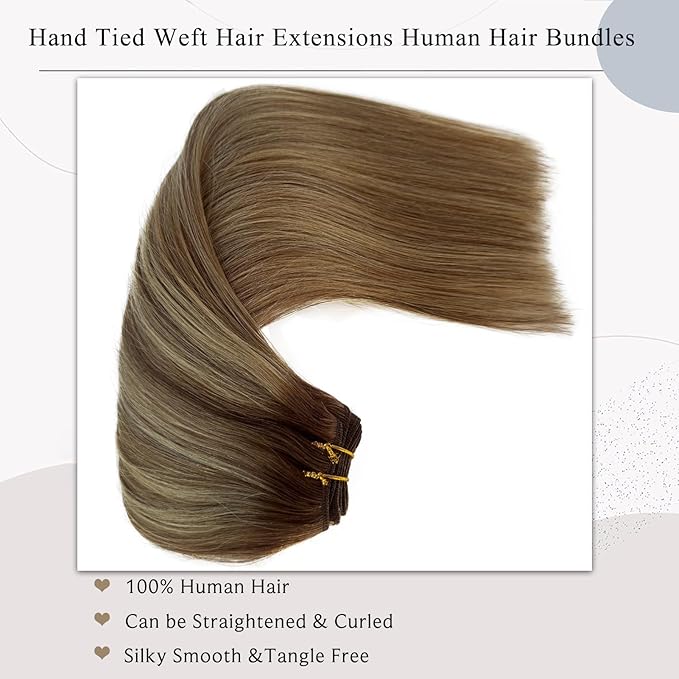 Sew in Bundles Hunan Hair Weft Extensions 18 Inch Ombre Brown Balayage Ash Blonde Highlights Hair Extensions Real Human Hair Sew in 100G Hand Tied Weft Human Hair Bundles Weave Extensions for Women