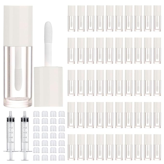 50pcs 2.5ml Empty Lip Gloss Containers Lip Gloss Tubes with Wand Cute 0.08oz Clear Refillable Lipgloss Making Supplies Kit for DIY Makeup + 2pcs Syringes (White)