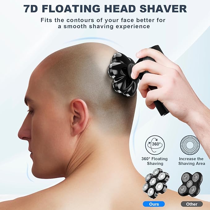 Hexus Head Shavers for Bald Men, Detachable Head Shaver Dry/Wet Bald Head Shaving for Men, IPX7 Waterproof Electric Razor Grooming Kit with LED Display and Type-C Charge, Light Black