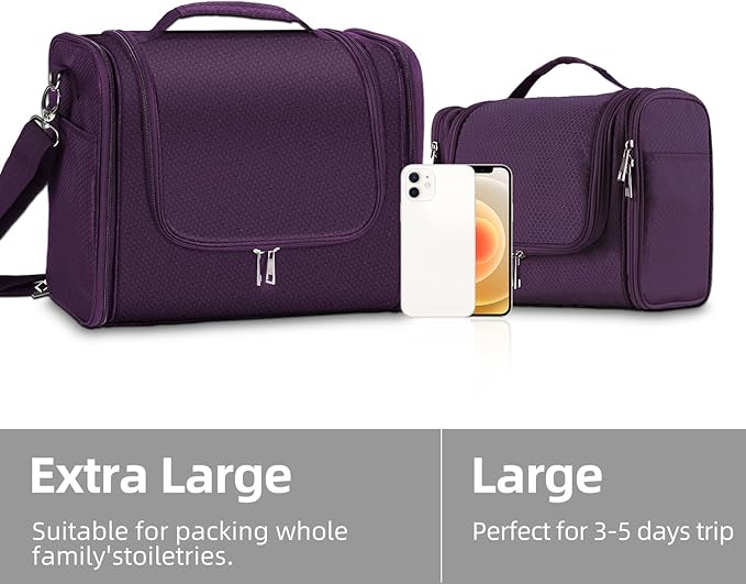 Buruis Extra Large Capacity Toiletry Bag for Women and Men, Hanging Toiletry Organizer Cosmetics Makeup Bag, Water-resistant Dopp Kit for Full Sized Toiletries, Travel Essentials (Purple)