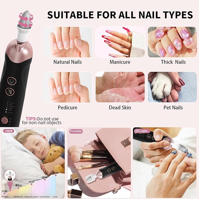Professional Manicure Pedicure Kit, Cordless Electric Nail File Set, Rechargeable Pedicure Tools for feet, 5 Speeds Hand Foot Care Nail Drill for Thick Nail Toenail Cuticle Women Men Baby Pets