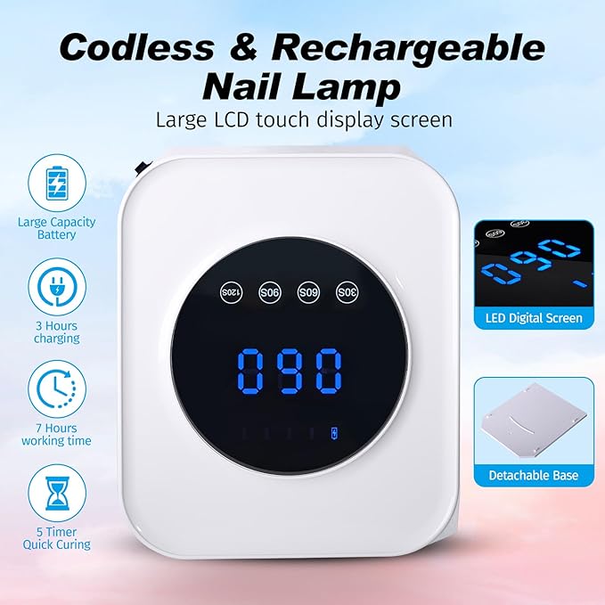 UV Nail Lamp, 72W Rechargeable LED Gel Nail Light Dryer for Gel Polish 4 Timer Modes Cordless Bling White Diamond Rhinestones for Salon & Home