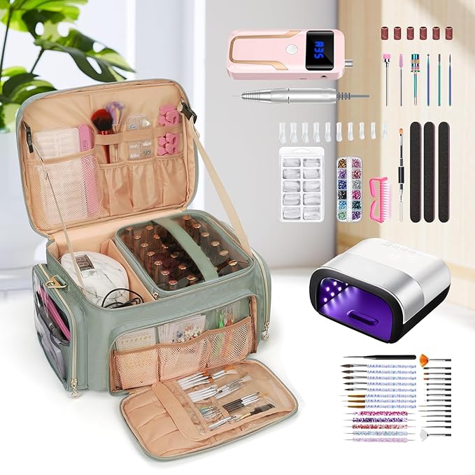 Nail Polish Organizer, Nail Polish Storage Holds 50-70 Bottles & Nail Lamp, Portable Travel Nail Kit Storage Carrying Case Fits Nail Suppiles, Gift for Manicurist, Grils (Green)