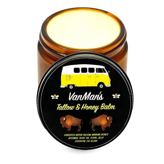 Vanman’s Tallow and Honey Balm - Grass-Fed/Finished Bison Tallow and Essential Oils, Raw Manuka Honey, Organic Royal Jelly, Beeswax, Cold Pressed Olive Oil - Tallow Skin Care for Dry Skin - 2 oz