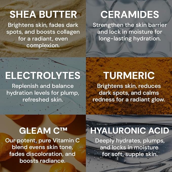 Gleamin Face Cream Moisturizer with Vitamin C, Shea Butter, Ceramides, and Turmeric - For Hydrating, Dry, Dull Skin, Visibly Brighten Discoloration & Dark Spots - 1.7 FL OZ Facial Brightening Cream