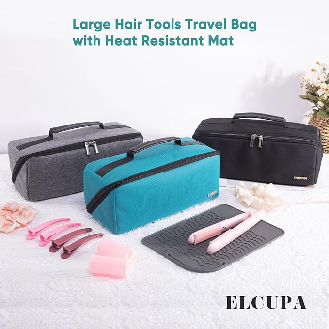 Large Travel Bag - 2in1 Hair Tools Organizer for Dryer Brush, Flat Irons, Straighteners, Curling Irons, Makeup Bag for Travel Essentials