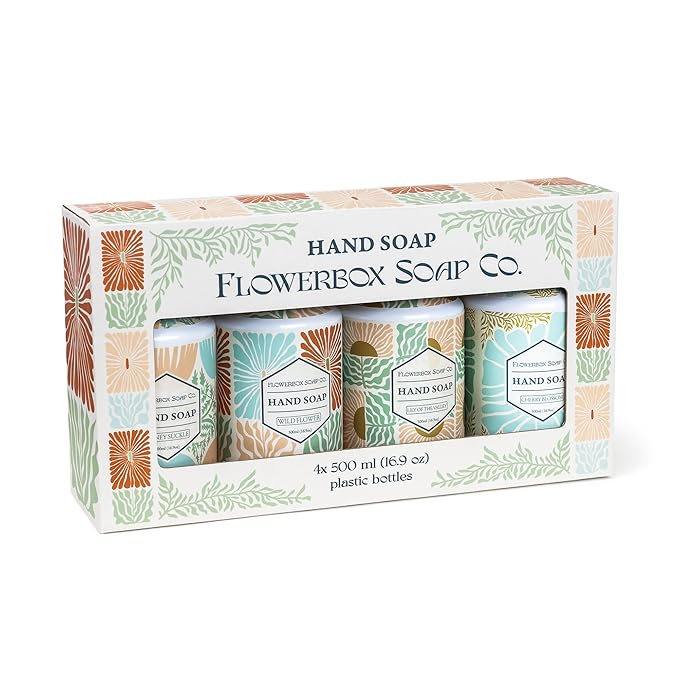 FlowerBox Liquid Hand Soap Set –Beautiful Pack of 4 Scented Pump Soaps –Bathroom & Kitchen Luxury Decorative 500ml Italian Mosaic Bottles–Meyers Refillable Dispensers–Works for Bath and Body Wash Gift