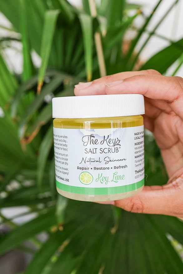 The Keys Sea Salt Body Scrub - Exfoliating With Wooden Spoon for Men, Women - Foot and Hand Scrub Made With Pure Florida Sea Salt, Organic Essential Oils & Nutrients (Key Lime, 3.4 oz)
