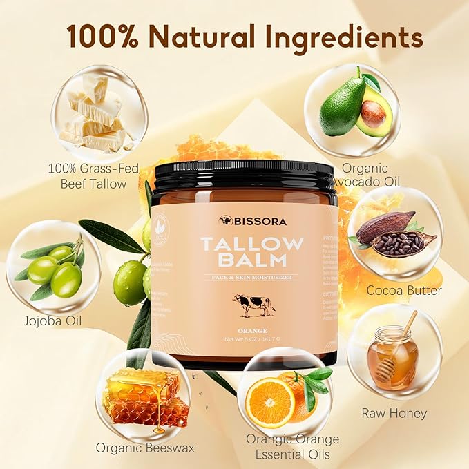 Beef Tallow for Skin, Organic Grass-Fed Beef Tallow Balm with Raw Honey & Jojoba Oil - Whipped Moisturizer for Face & Body - All-Natural Skin Care for Soft, Hydrated Skin (5 OZ, Orange)