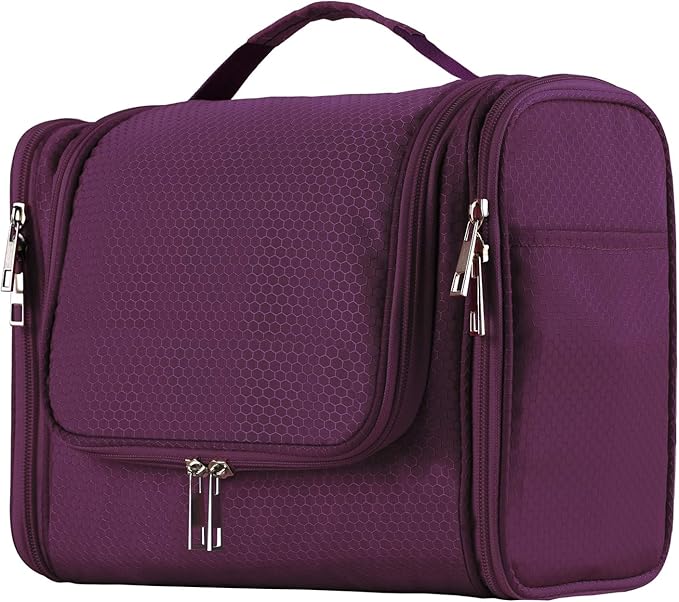Buruis Large Capacity Toiletry Bag for Women and Men, Hanging Toiletry Organizer Cosmetics Makeup Bag, Water-resistant Dopp Kit Shaving Bags for Full Sized Toiletries, Travel Essentials (Purple)