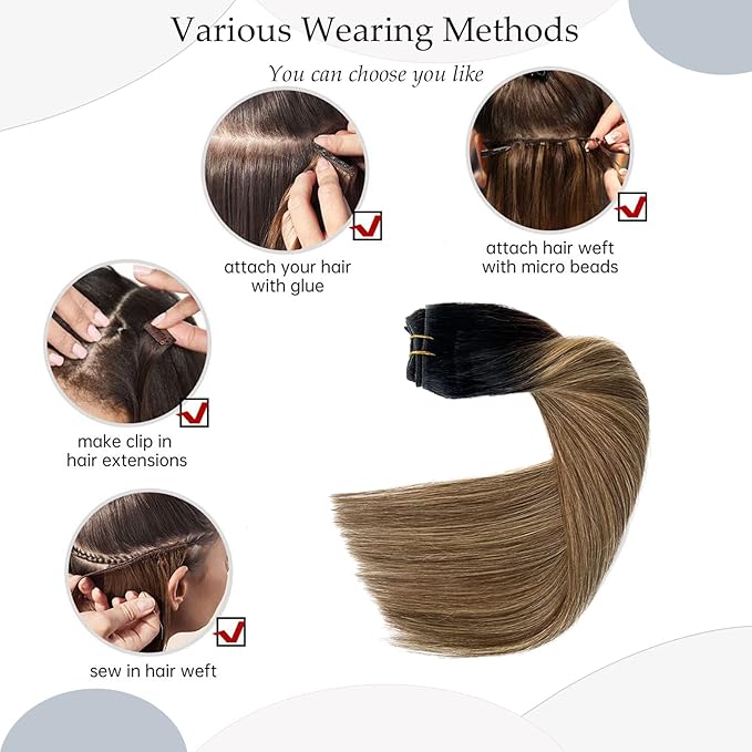 Sew In Real Humana Hair Extensions, Ombre Brown & Blonde Balayage Wefts - 22 Inch, 120G Hand-Tied Human Hair Bundles