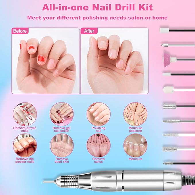 Nail Drill Machine，Professional Electric Nail File Set 35000RPM Nail File Drill Acrylic Nails Kit for Manicure Gel Nail Polish Remover (Pink)