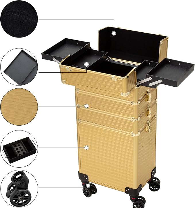 4 in 1 Portable Traveling Aluminum Professional Makeup Trolley Cart with Multiple-Sized Compartments and Wheels (Light gold)