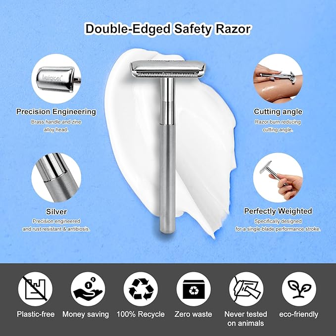 Premium Heavy-Weight Safety Razor for Men – Swedish Steel Blades, Solid Brass Long Handle Professional Close Shave, Built to Last a Lifetime (Silver)