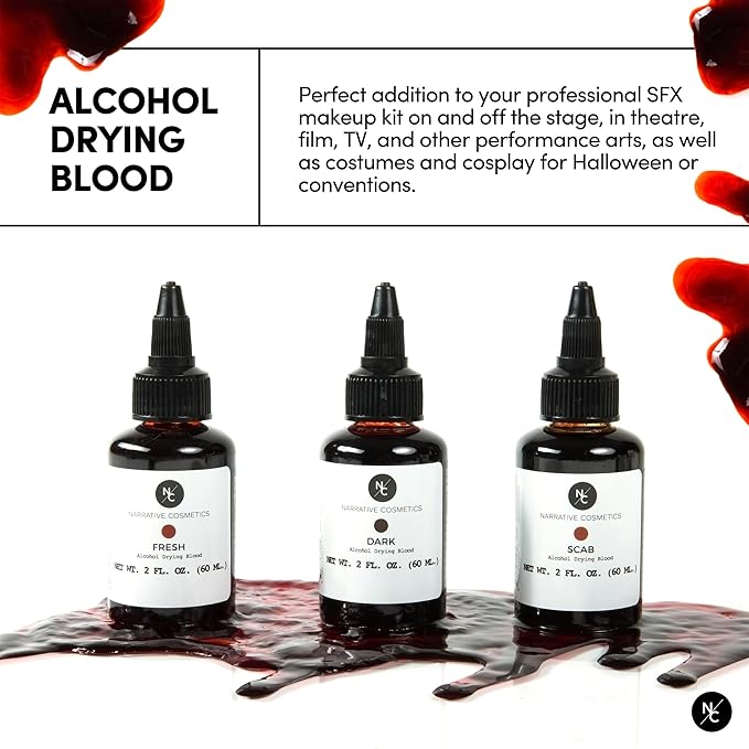 Alcohol Drying Blood, Ultra-Realistic Fake Liquid Blood, SFX Makeup for the Stage, Film, Halloween, and Cosplay - Dark, Fresh and Scab Blood Kit - 2oz Bottles