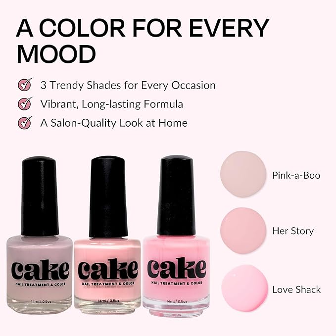 CAKE Non Toxic Nail Polish - 3 Pack - Nail Strengthener and Growth, Nail Repair for Damaged Nails, Natural Nail Polish, Quick Dry, Long Lasting (Pink Collection)
