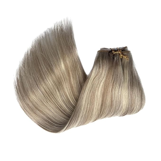 Sew In Real Human Hair Extensions - 22 Inch Hand Tied Weft, Ash Brown Balayage Blonde, 120G Weft, Human Hair Weave Bundles