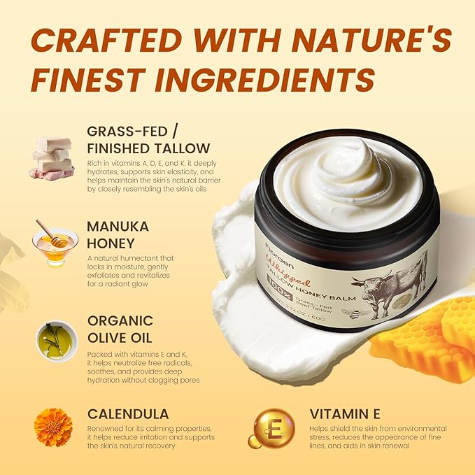 Beef Tallow for Skin 2oz, Whipped Beef Tallow and Manuka Honey Balm, Beef Tallow for Face and Body, Unscented Skin Care for Dry and Sensitive Skin, Natural Tallow Balm for Hydration and Nourishment