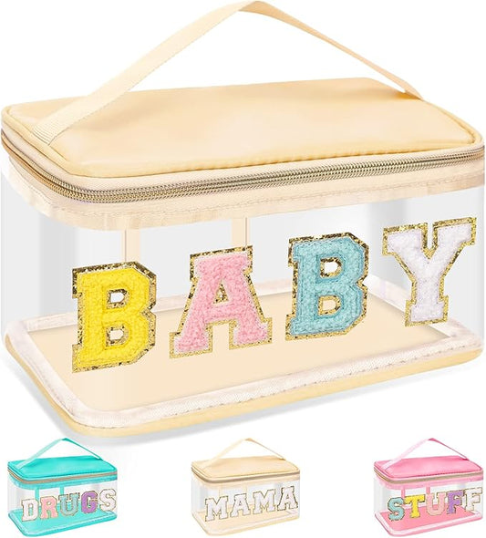 Chenille Letter Clear Makeup Bags Baby Pouch, Preppy Patch Makeup Bag Zipper with Handle, Transparent PVC & Nylon Waterproof Glitter Cosmetic Handbag Travel Toiletry Storage for Women Girl(BABY-Beige)