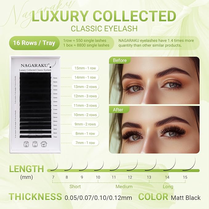 NAGARAKU Individual Eyelash Extensions, Luxury Collected Classic Single Lashes Upgraded 3rd Generation Soft Natural Beauty Salon Professional Lash Supplies 16 Rows Matte Black -0.07 C Curl 13mm