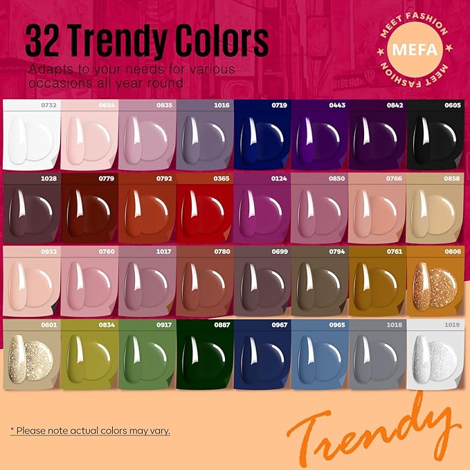 MEFA Gel Nail Polish Set, 32 Colors Burgundy Red Gel Polish Set Champagne Gold Glitter Nail Polish Gel Soak Off Dark Red Purple Shimmer Nude Brown Gel Nail Gifts for Women Girl DIY Salon Home Manicure
