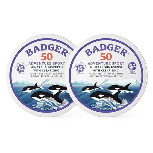 Badger Biodegradable Reef Safe Sunscreen, SPF 50 Mineral Sunscreen, 98% Organic Ingredients, Unscented, Water Resistant Adventure Sport Sun Cream, Travel Size 2.4 oz Tin, 2-Pack