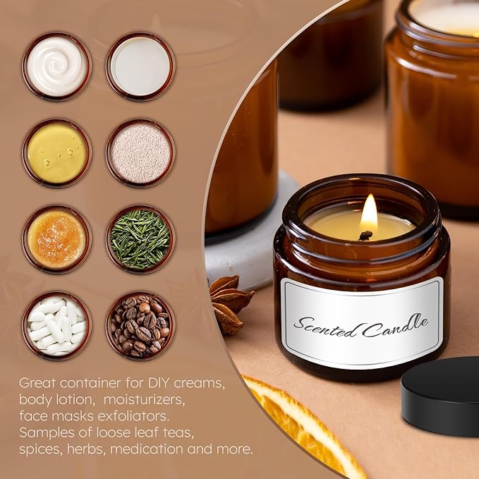 2 oz Glass Jars with Lids, 48 pack Round Small Containers with Black Lids, Blank Labels & Inner Liners, Empty Cosmetic Containers for Sample, Powder, Cream, Lotion Amber and Blue