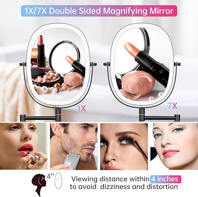 FUNTOUCH Rechargeable Wall Mounted Lighted Makeup Vanity Mirror, Double Sided 1X/7X Magnification, 3 Dimmable Light Settings, Extension Arm, Oval Frame, Ideal for Makeup