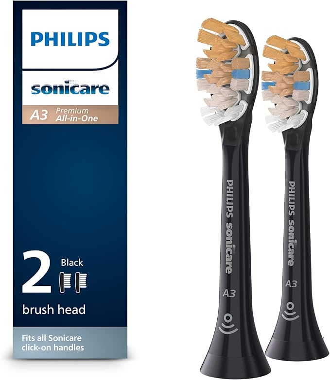 Philips Sonicare Genuine A3 Premium All-in-One Replacement Toothbrush Heads, 2 Brush Heads, Black, HX9092/95