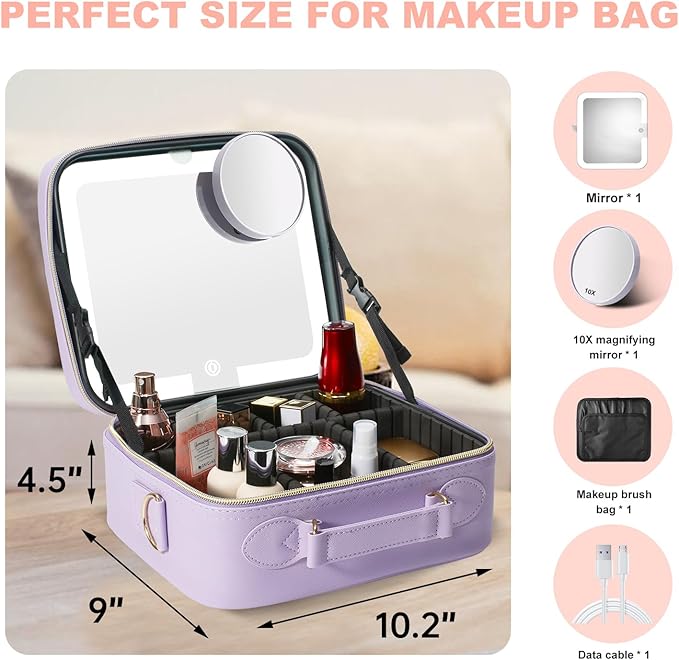 Mocado Travel Makeup Bag with LED Lighted Mirror,Travel Makeup Organizer,Makeup Case with 3 Color Lighted Setting and 10x Magnifying Mirror,Portable Storage and Adjustable Dividers Makeup Box(Purple)