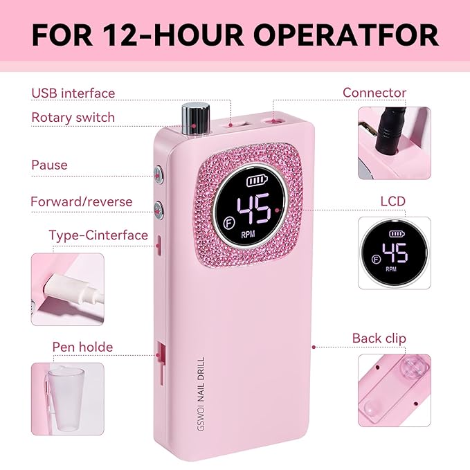 45000RPM Professional Portable Nail Drill Electric File with Pink diamond， Rechargeable Nail E File Machine with Bits & Clean for Acrylic Nails Remove Nail Gel Polish Manicure, Cordless