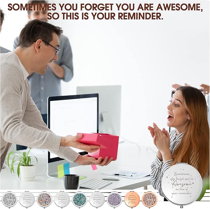 Roowest 30 Pcs Inspirational Compact Mirror Sometimes You Forget You're Awesome Appreciation Gifts for Women Mother's Day Party Favors Magnifying Pocket Mirror (Assorted Colors)