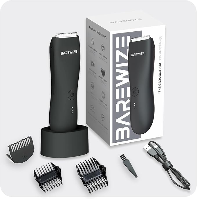 Body Hair & Pubic Hair Trimmer for Men | Waterproof, USB-C Rechargeable, LED Light, Replaceable Ceramic Blade, Electric Ball Shavers, Manscape Kit, Mens Personal Groomer (Raven Black)