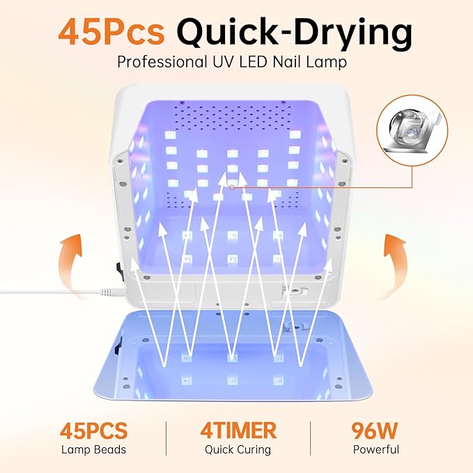 UV LED 96W Nail Lamp Professional Nail Dryer Sparkly Gel Polish Light with 4 Timer Setting LCD Display Quick Dry Curing Lamp with Display Auto Sensor for Salon & Home White