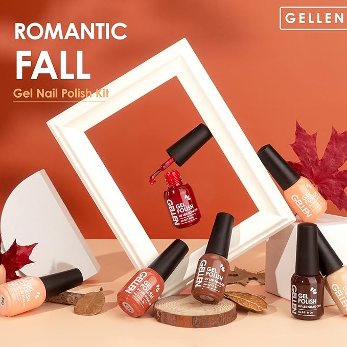 Gellen Gel Nail Polish Kit - Nude Pink Gel Polish Set 16 Colors with Top & Base Coats, Red Orange Brown Glitter Nail Polish Set, Home/Salon Nail Gel Polish Manicure Kit