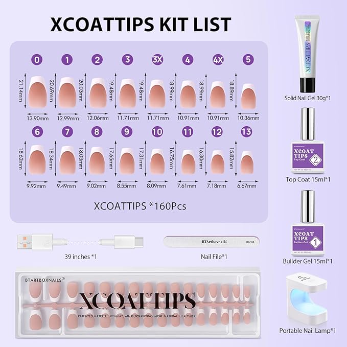 BTArtboxnails XCOATTIPS Gel Nail Kit - Short Coffin French Tip Press on Nails Kit, Brown Soft Gel Nail Tips with Nail Gel, French Protecing Duo and Nail Lamp for Gift Home DIY