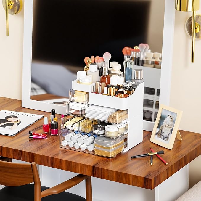 White Makeup Organizer With 6 Drawers,2 Pack Stackable Plastic Cosmetic Storage Organizer for Dresser and Vanity,Ideal for Beauty,Perfume,Brushes,Skincare Bathroom Organizers and Storage Counter
