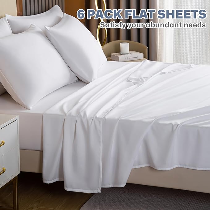 Lavisun Twin Flat Sheets 6 Pack,White Brushed Microfiber Bed Sheets, Soft & Breathable Bulk Sheets for Hotel, Massage, Hospital, Home, Dorm