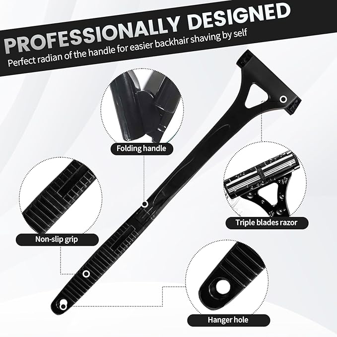 Back Shaver for Men with Foldable Long Handle, Premium Stainless Steel Body & Back Hair Trimmer, Portable Ergonomic Razor Groomer for Men, Replaceable Safety Blades, Wet or Dry Use Smooth Hair Removal