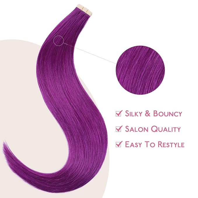 WENNALIFE Tape in Hair Extensions Human Hair Purple Tape in Extensions, 10pcs 25g 16 inch Remy Invisible Tape Ins Straight Colored Soft Real Human Hair Tape in Extensions Refill Set Extensions
