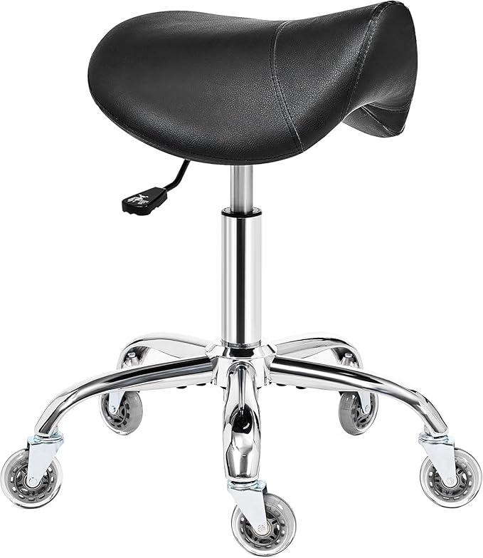 BEWISHOME Saddle Stool with Wheels, Swivel Adjustable Rolling Stool,Heavy Duty PU Leather Wide Thick Seat Padding Ergonomic Chair for Beauty Salon Spa Clinic(Black) BMD01B