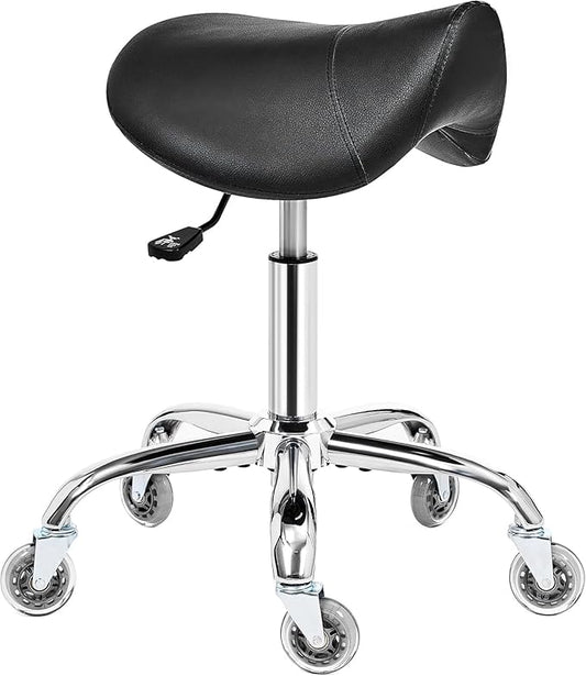 BEWISHOME Saddle Stool with Wheels, Swivel Adjustable Rolling Stool,Heavy Duty PU Leather Wide Thick Seat Padding Ergonomic Chair for Beauty Salon Spa Clinic(Black) BMD01B