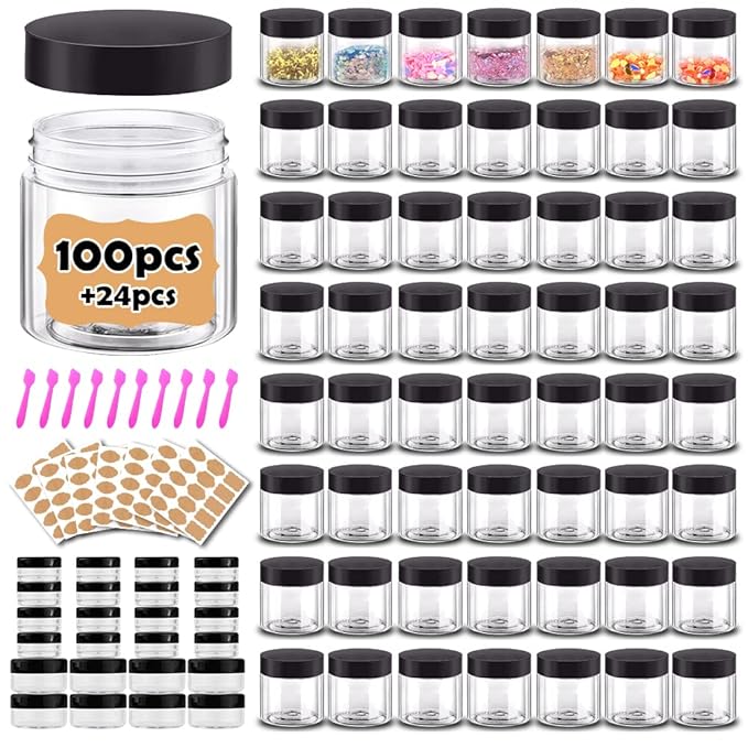 2 oz Plastic Containers with Lids 100pcs Plastic Jars with Lids + 3/5/10 Gram 24pcs Sample Containers Travel Jar– Great for Lip Scrub, Body Butters, Cream, Lotion, Labels & Spatulas (124 Pack)