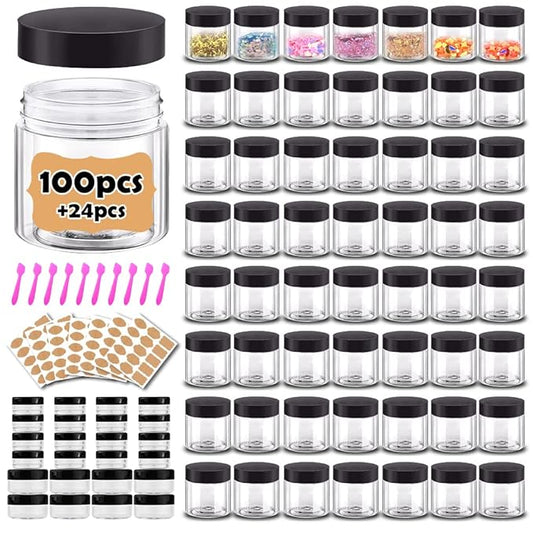 2 oz Plastic Containers with Lids 100pcs Plastic Jars with Lids + 3/5/10 Gram 24pcs Sample Containers Travel Jar– Great for Lip Scrub, Body Butters, Cream, Lotion, Labels & Spatulas (124 Pack)
