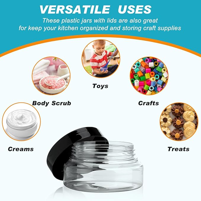 Tessco 24 Pack Plastic Jars with Lids Labels Empty Clear Plastic Jars Round Refillable Cosmetic Containers Body Butter Containers Bulk Sugar Scrub Bottle for Make Up(5 oz,Clear, Black)