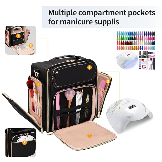 OCHEAL Nail Polish Organizer Case for 50-60 Bottles (15ml) - Portable Manicure Storage Bag with 2 Detachable Pouches, Nail Lamp Compartment & Tools Sections - Travel-Friendly Cosmetic Carrying,Black